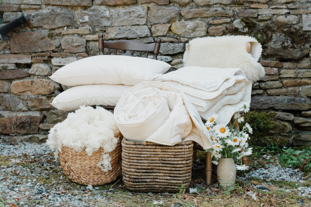 Complete Irish wool bedding set with raw wool and flowers, looking rather aesthetic