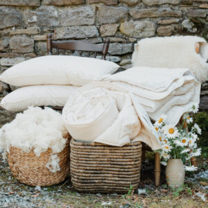 Complete Irish wool bedding set with raw wool and flowers, looking rather aesthetic