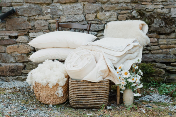 Complete Irish wool bedding set with raw wool and flowers, looking rather aesthetic